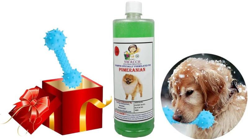 swacch Pomeranian Dog Shampoo + Dumbbell Toy I Durable Rubber Dog Toy for Chewing I Playing,Teeth Cleaning & Training Toy I Combo Pack I 1 Litre Neem Alovera - Image 1