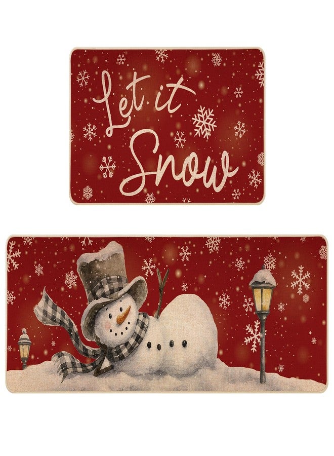 Siilues Christmas Kitchen Mat Set of 2, Non-Slip Snowman Let It Snow Red Christmas Kitchen Rugs for Floor Seasonal Winter Home Decor Low-Profile - 17x29 and 17x47 Inch - Image 1