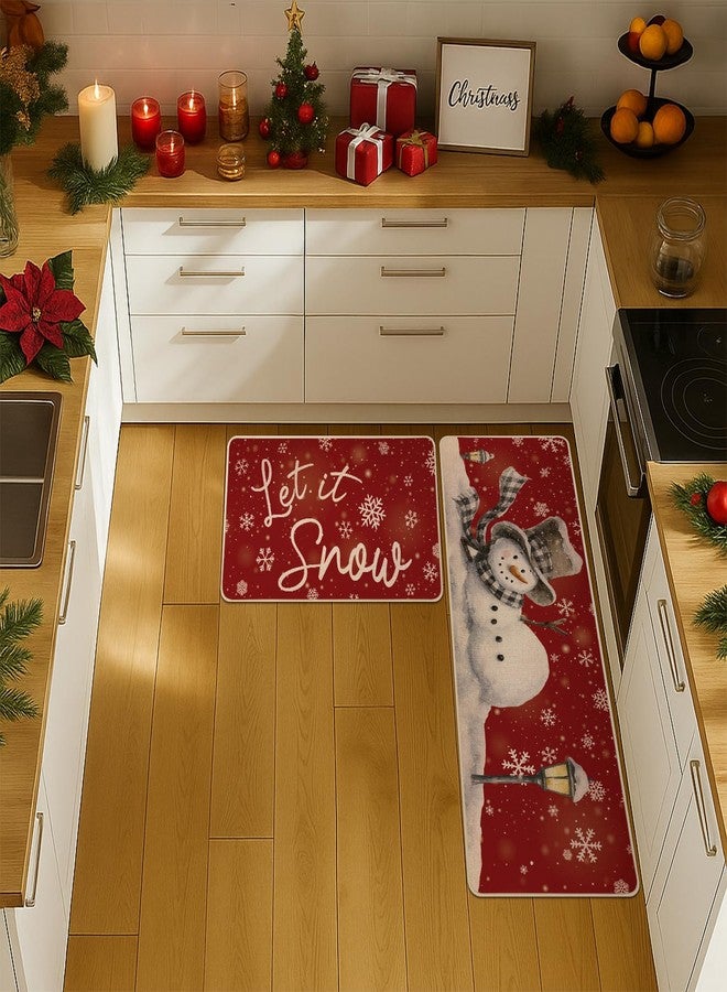 Siilues Christmas Kitchen Mat Set of 2, Non-Slip Snowman Let It Snow Red Christmas Kitchen Rugs for Floor Seasonal Winter Home Decor Low-Profile - 17x29 and 17x47 Inch - Image 2