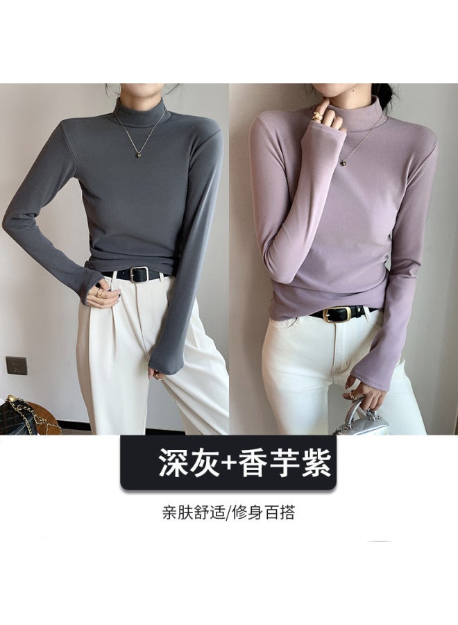 Combination Set Of Half Turtleneck Double-sided German Velvet Bottoming Shirt For Women, Autumn And Winter Style, Pure Color Warm Long-sleeved Top