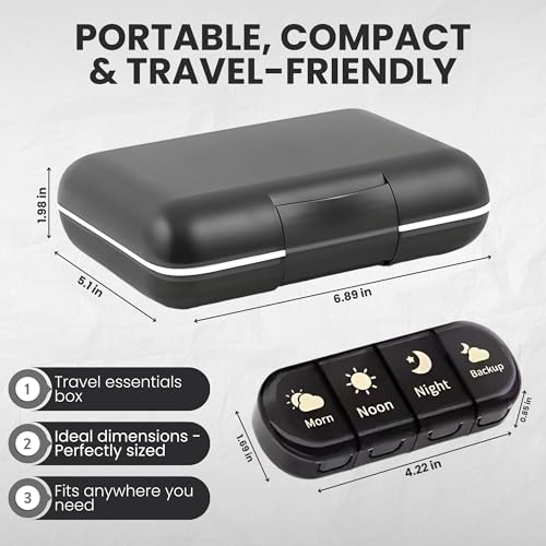 OCEANEVO 4 Times a Day, Weekly Medicine Storage Organizer box for Home and Travel, 7 days Pill Organizer Box for Vitamins, Tablet & Supplements - Black - 4 Compartments - 1 Year Warranty - Image 3