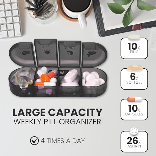 OCEANEVO 4 Times a Day, Weekly Medicine Storage Organizer box for Home and Travel, 7 days Pill Organizer Box for Vitamins, Tablet & Supplements - Black - 4 Compartments - 1 Year Warranty - Image 2