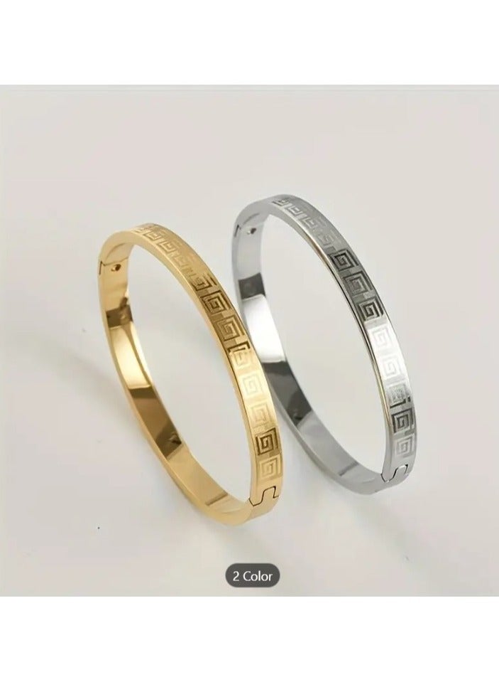 MARIO DRAFTS Greek Key Pattern Bangle Bracelet, Gold and Silver Colours, 2-Piece Set - Image 1