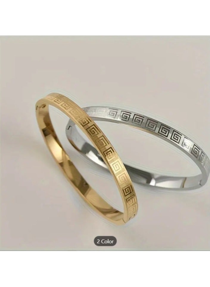 MARIO DRAFTS Greek Key Pattern Bangle Bracelet, Gold and Silver Colours, 2-Piece Set - Image 2