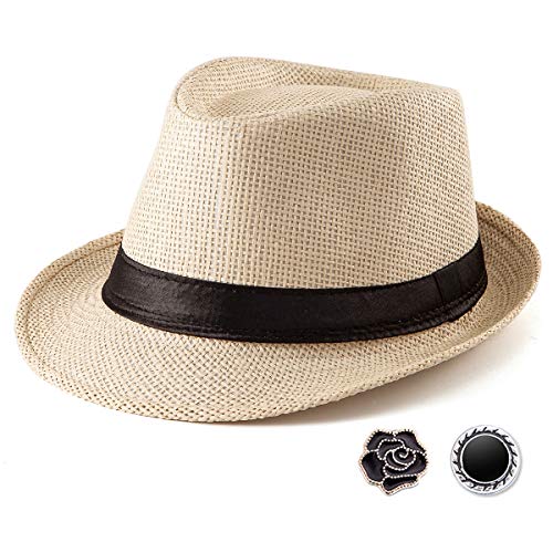 LADYBRO Summer Casual Beige Straw Trilby Fedora Hats for Men Panama, 7 1/4, Adjustable Size Fits 22" - 22 7/8" - Image 1
