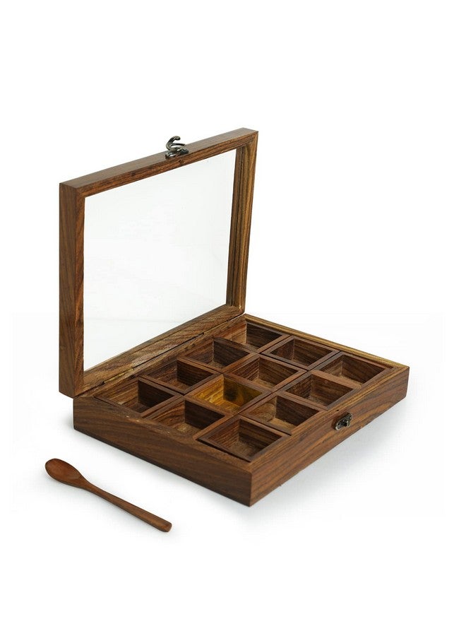 ExclusiveLane صندوق توابل مكون من 12 خلطات مع 12 حاوية وملعقة (خشب شيشام) - مجموعة صناديق توابل خشبية لمطبخ ماسالا صناديق توابل ماسالا داني ناماك داني دبا صناديق زخرفية متعددة الاستخدامات - Image 3