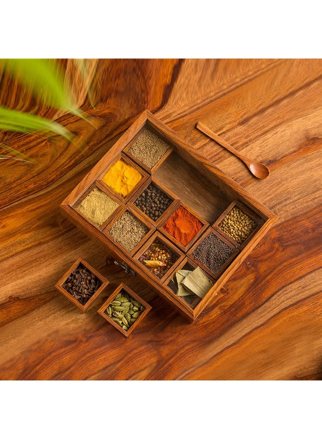 ExclusiveLane صندوق توابل مكون من 12 خلطات مع 12 حاوية وملعقة (خشب شيشام) - مجموعة صناديق توابل خشبية لمطبخ ماسالا صناديق توابل ماسالا داني ناماك داني دبا صناديق زخرفية متعددة الاستخدامات - Image 1