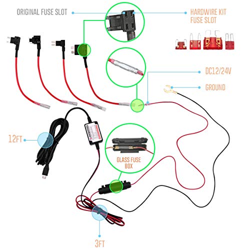 NUNET مجموعة توصيل NUNET بطول 15 قدم MicroUSB و MiniUSB مع فيوز Mini/LP Mini/ATO/Micro2، محولات Micro إلى Mini/Type-C، نظام حماية من استنزاف البطارية، سلك بطول 15 قدم لكاميرات داش - Image 2