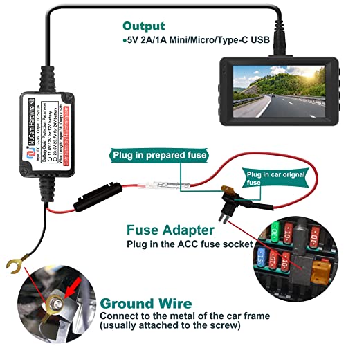 NUNET مجموعة توصيل NUNET بطول 15 قدم MicroUSB و MiniUSB مع فيوز Mini/LP Mini/ATO/Micro2، محولات Micro إلى Mini/Type-C، نظام حماية من استنزاف البطارية، سلك بطول 15 قدم لكاميرات داش - Image 5