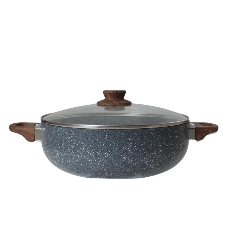 PLUMM Get Plumm Sauce Pot Cookware with Handle | Granite Stone Kadhai with Lid | Induction Base Biryani Pot Glass lid | Wooden Handle | Cooking Handi Pot (26cm,Grey) - Image 1