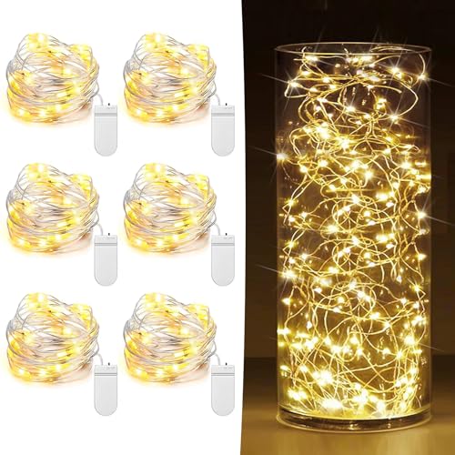 HOBAYS 6 Pack Fairy Lights Battery Operated 7ft 20 LED Mini String Lights Twinkle Lights Silver Wire Firefly Starry Moon Lights for Mason Jars Wedding Party Christmas Centerpiece Table Decorations,Warm White - Image 1