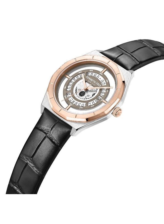 Kenneth Cole New York ساعة أنالوج للرجال بقرص رمادي دافئ وحزام جلد أسود - 41 مم - Image 2