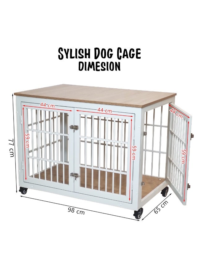أن ان سي بيتس بيت كلاب للكلاب متوسطة وكبيرة الحجم، قفص داخلي وخارجي، وباب مزدوج، بيت كلاب متحرك بطول 98 سم مع مساحة تخزين علوية، إطار معدني، وأقفال آمنة، أثاث متعدد الوظائف للحيوانات الأليفة، قفص خشبي أنيق (أبيض) - Image 2
