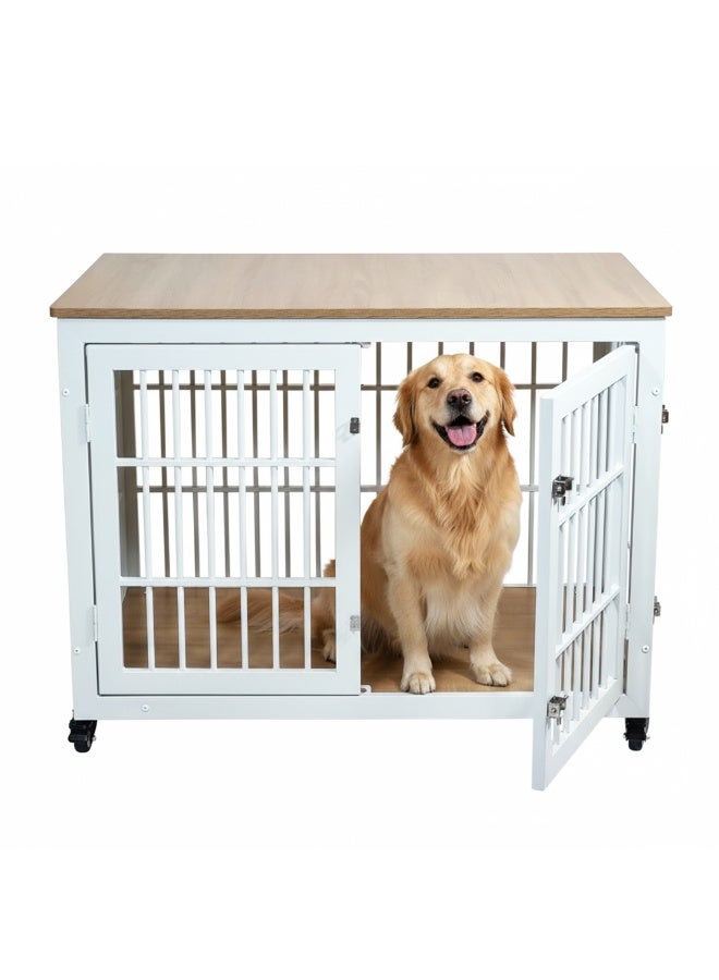 أن ان سي بيتس بيت كلاب للكلاب متوسطة وكبيرة الحجم، قفص داخلي وخارجي، وباب مزدوج، بيت كلاب متحرك بطول 98 سم مع مساحة تخزين علوية، إطار معدني، وأقفال آمنة، أثاث متعدد الوظائف للحيوانات الأليفة، قفص خشبي أنيق (أبيض) - Image 1