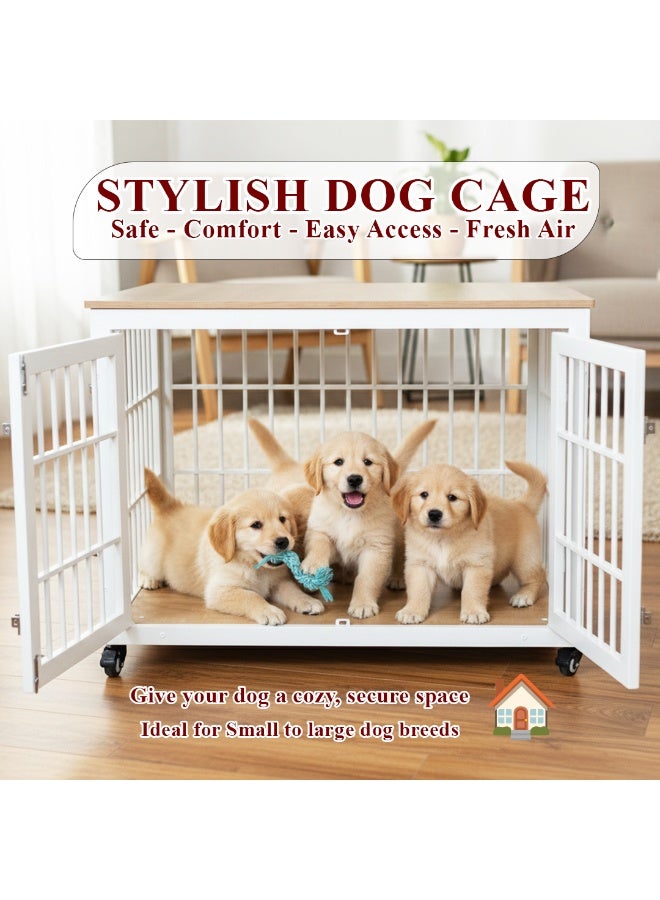 أن ان سي بيتس بيت كلاب للكلاب متوسطة وكبيرة الحجم، قفص داخلي وخارجي، وباب مزدوج، بيت كلاب متحرك بطول 98 سم مع مساحة تخزين علوية، إطار معدني، وأقفال آمنة، أثاث متعدد الوظائف للحيوانات الأليفة، قفص خشبي أنيق (أبيض) - Image 4