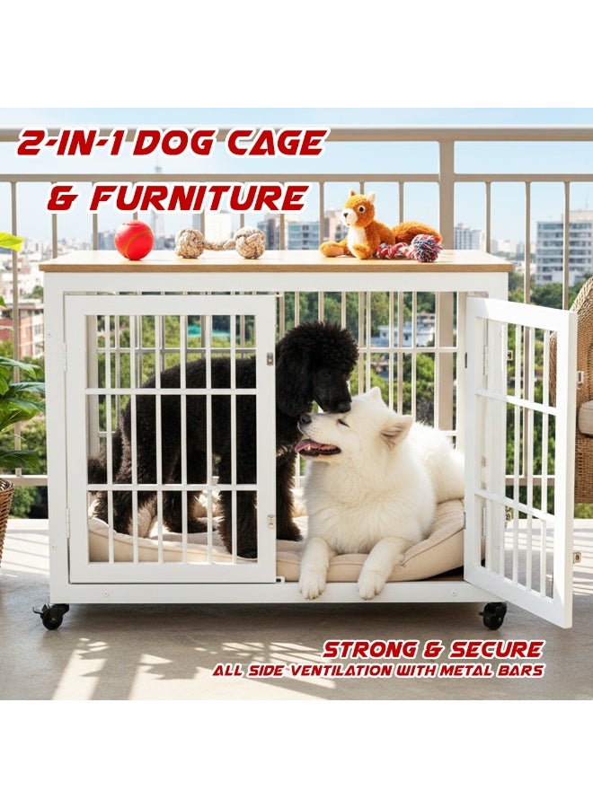 أن ان سي بيتس بيت كلاب للكلاب متوسطة وكبيرة الحجم، قفص داخلي وخارجي، وباب مزدوج، بيت كلاب متحرك بطول 98 سم مع مساحة تخزين علوية، إطار معدني، وأقفال آمنة، أثاث متعدد الوظائف للحيوانات الأليفة، قفص خشبي أنيق (أبيض) - Image 5