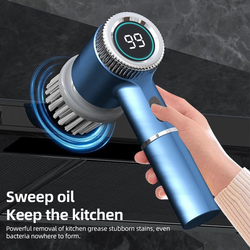 مجموعة فرش تنظيف كهربائية محمولة بدون سلك من jenis الفرش الدوار المقاوم للماء بثلاث سرعات وشاشة رقمية - فرشاة تنظيد محمولة بخمسة رؤوس فرش مثالية للجدران / الأرضيات / البلاط / المطبخ / الأحذية - Image 2