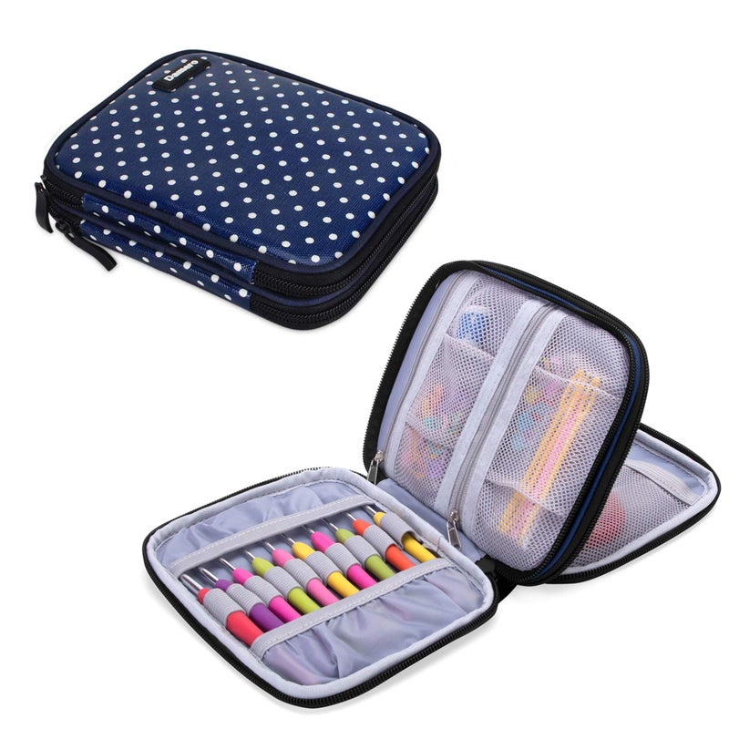Damero Crochet Hook Case Travel Storage Bag for Various Crochet Needles and Accessories Lightweight and Compact Easy to Carry Medium Blue Dots No Accessories Included