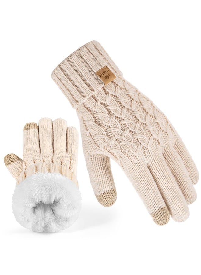 PAGE ONE Winter Gloves for Women Touchscreen Texting Warm Knit Fleece Lined Gloves for Cold weather, Beige, One size - Image 1