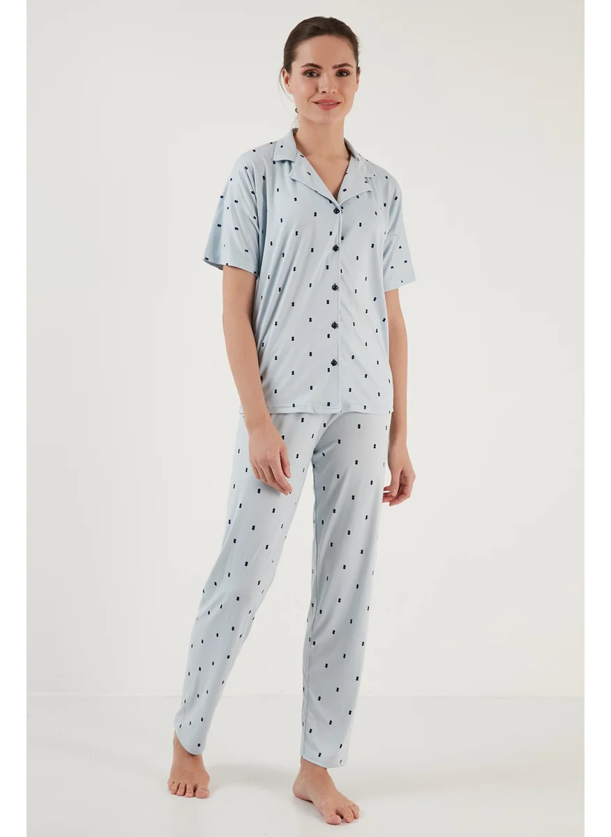 Lela Patterned Short Sleeve Elastic Waist Shirt Collar Woven Pajama Set Women's Pajama Set 6097515