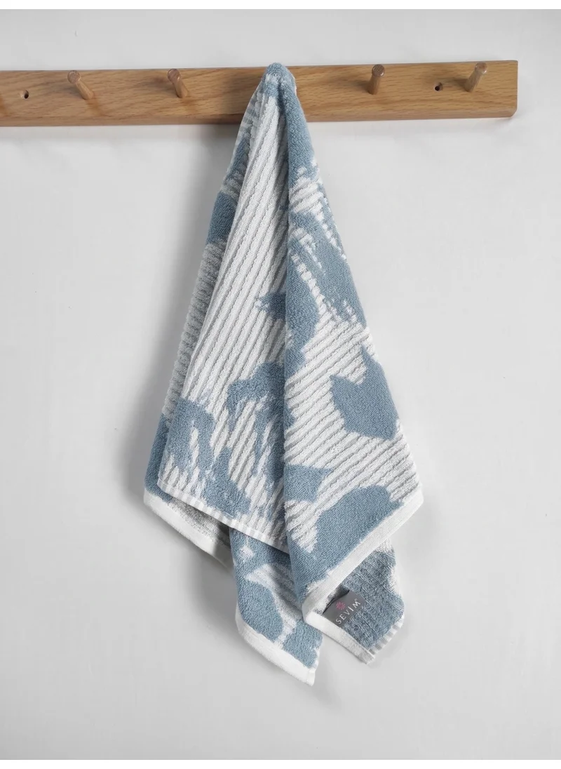 Sevim Yarn Dyed Patterned & Horizontal Striped Cotton Bath Towel - Highly Water Absorbent - 45 x 90 Cm - Ecru & Blue Striped