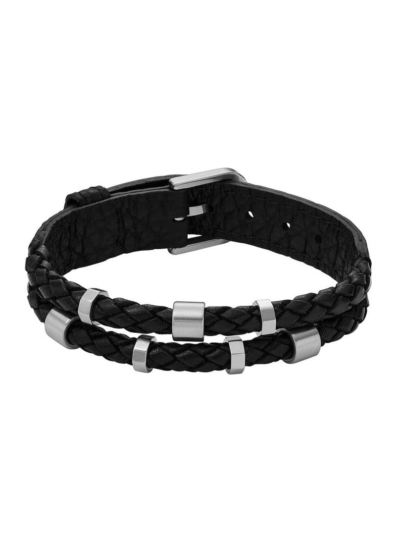 FOSSIL Bracelet for Men Leather Essentials, Black Leather Strap Bracelet, Length: 256mm, Width: 13.7mm, JF04473040  - Image 1