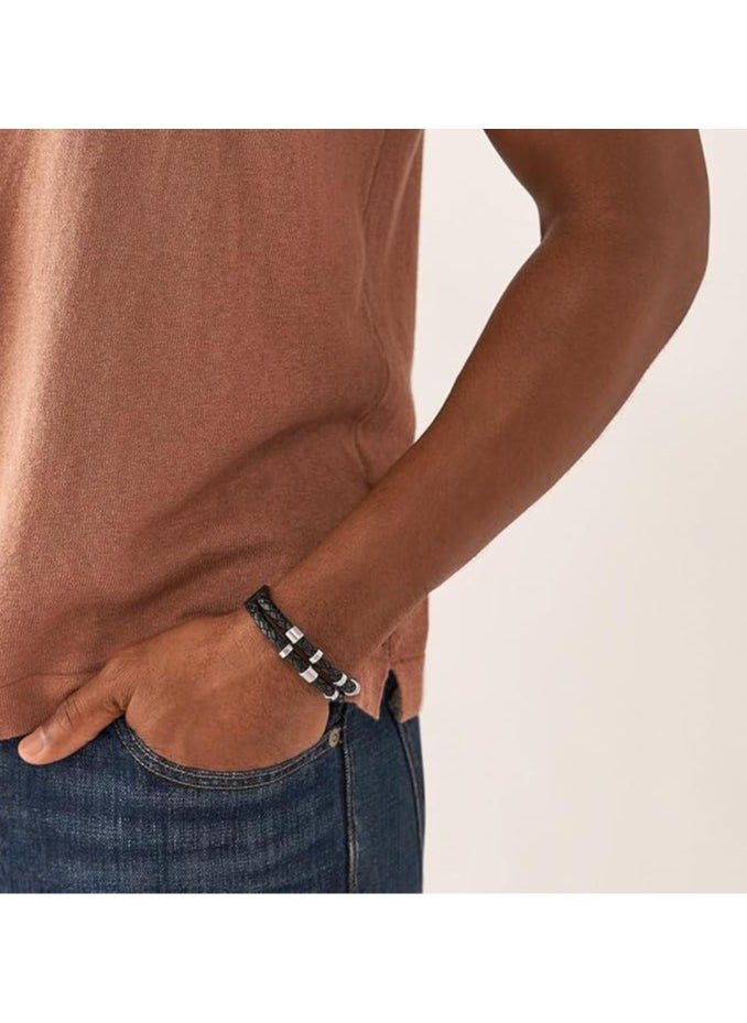 FOSSIL Bracelet for Men Leather Essentials, Black Leather Strap Bracelet, Length: 256mm, Width: 13.7mm, JF04473040  - Image 3