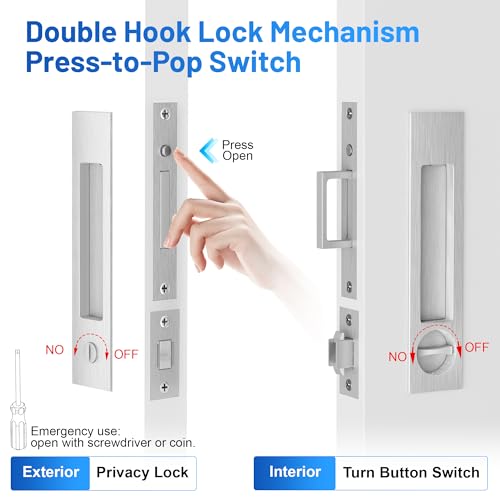 Dontay Pocket Door Handle and Edge Pull Narrow Modern Rectangular Keyed Entry Function Recessed Sliding Door Hardware for 1 38 to 2 316 Thickness Door Privacy Lock Brushed Nickel 1 Pack - Image 3