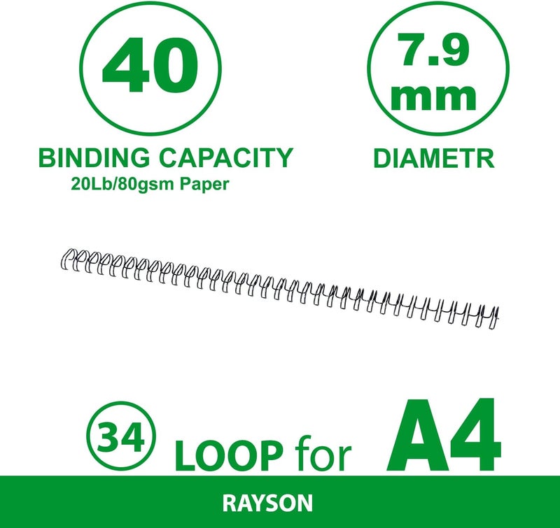 RAYSON Wire Binding Pitch 3:1" WR-7.9-100-BK-SA Size 7.9mm" Capacity 40 Sheets Box of 100 Pcs Black - Image 3