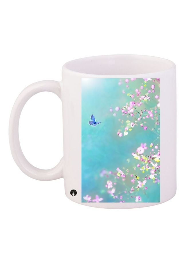 RYN Flowers And Butterfly Printed Coffee Mug White/Blue/Pink 11ounce