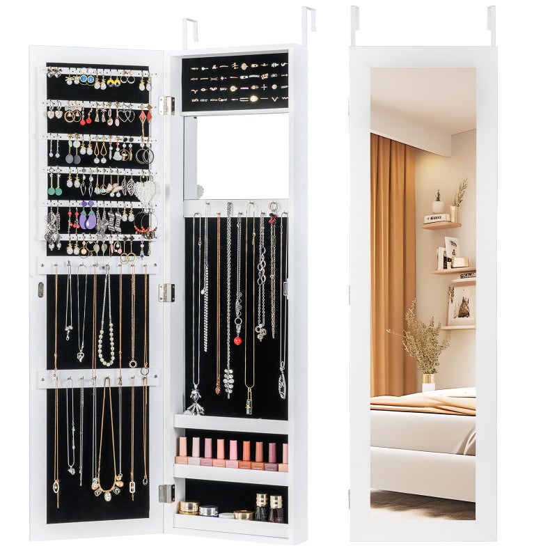 COSTWAY Full Length Mirror Jewelry Cabinet, Wall Door Mounted with Makeup Mirror, Ring Slots & Necklace Hooks, Large Storage Jewelry Armoire for Bedroom, Dressing Room (White) - Image 1
