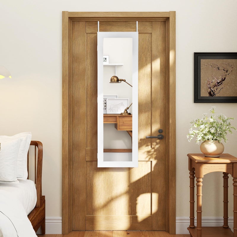 COSTWAY Full Length Mirror Jewelry Cabinet, Wall Door Mounted with Makeup Mirror, Ring Slots & Necklace Hooks, Large Storage Jewelry Armoire for Bedroom, Dressing Room (White) - Image 5
