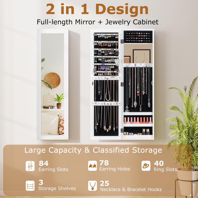 COSTWAY Full Length Mirror Jewelry Cabinet, Wall Door Mounted with Makeup Mirror, Ring Slots & Necklace Hooks, Large Storage Jewelry Armoire for Bedroom, Dressing Room (White) - Image 3