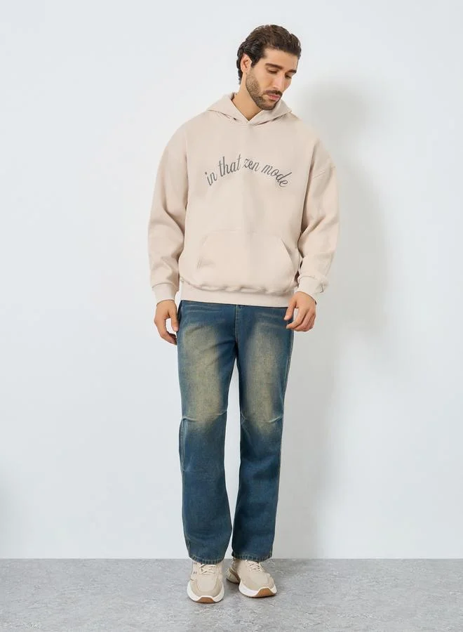 Styli Men Beige Oversized Zen Mode Print Fleece Hoodie