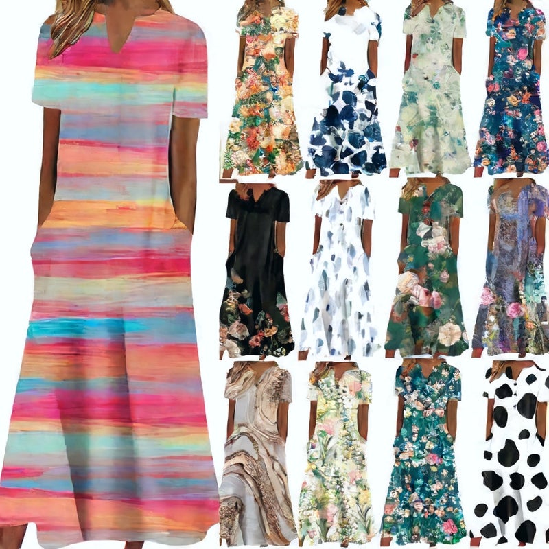 Women's V-Neck Button Short Sleeve Loose Fit Printed Midi Dress - Image 2