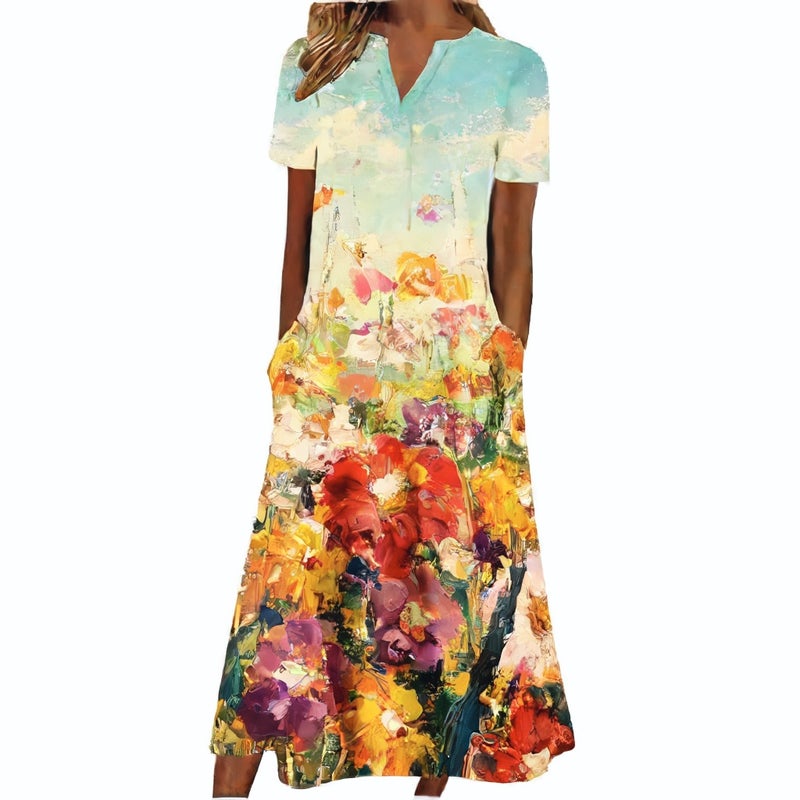 Women's V-Neck Button Short Sleeve Loose Fit Printed Midi Dress - Image 4