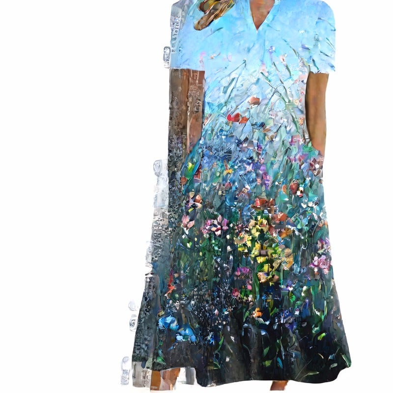 Women's V-Neck Button Short Sleeve Loose Fit Printed Midi Dress - Image 5