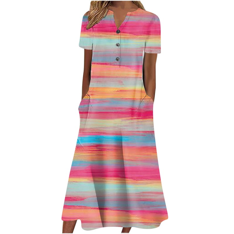 Women's V-Neck Button Short Sleeve Loose Fit Printed Midi Dress - Image 3