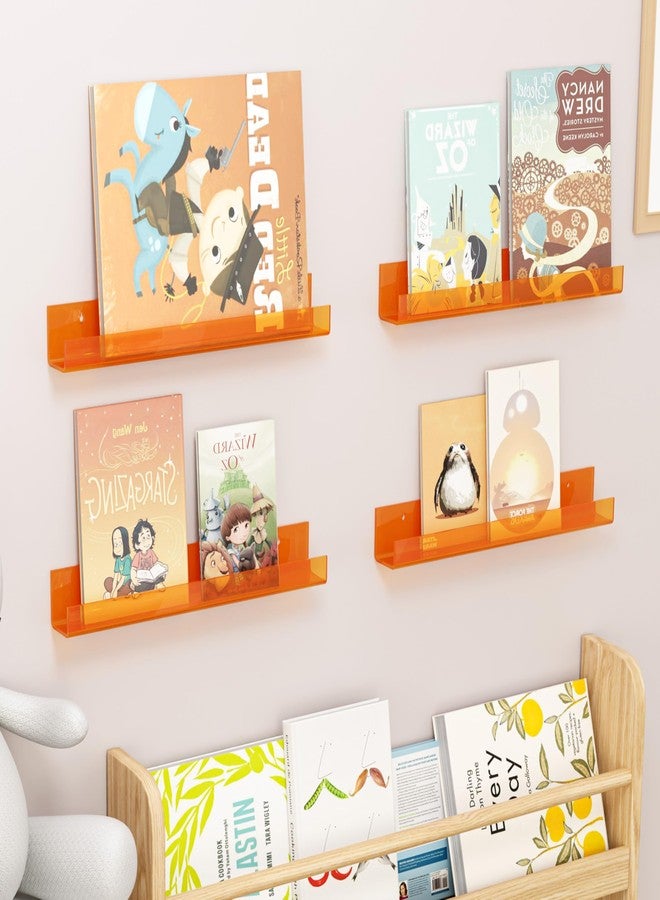 YFEEN 4 Pack Acrylic Shelves for Wall Storage,15" Floating Bookshelves for Kids, Display Shelf for Bathroom, Bedroom,Decor, Orange - Image 5