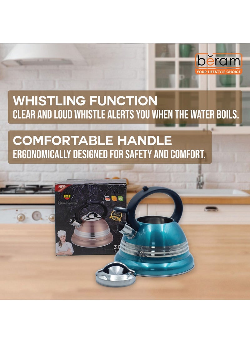 HausRoland Whistling Tea Kettle, 3 Litres, Stainless Steel, Whistling Teapot, Stove Top, Stone Finish, Anti-Hot Handle, Anti-Rust, Loud Whistle, Fast Boiling Kitchen Utensil, Glossy Kettle  - Image 4
