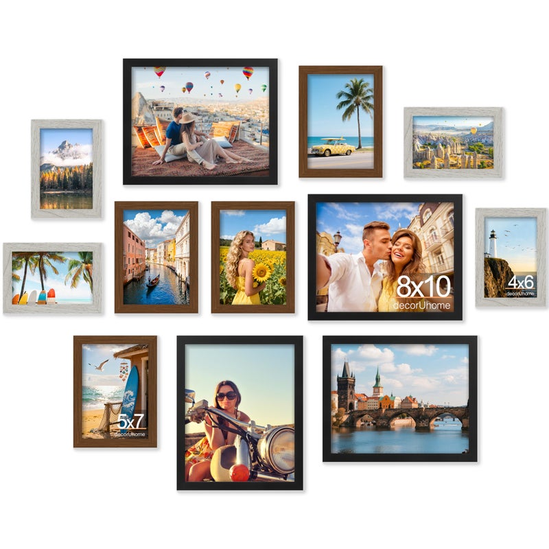 decorUhome Assorted Picture Frames Collage Wall Decor for Photo Gallery Display Set of 12 Including Four 8x10 / Four 5x7 / Four 4x6 for Family Wall Decor  Black/Brown/Grey  12 Pack - Image 1