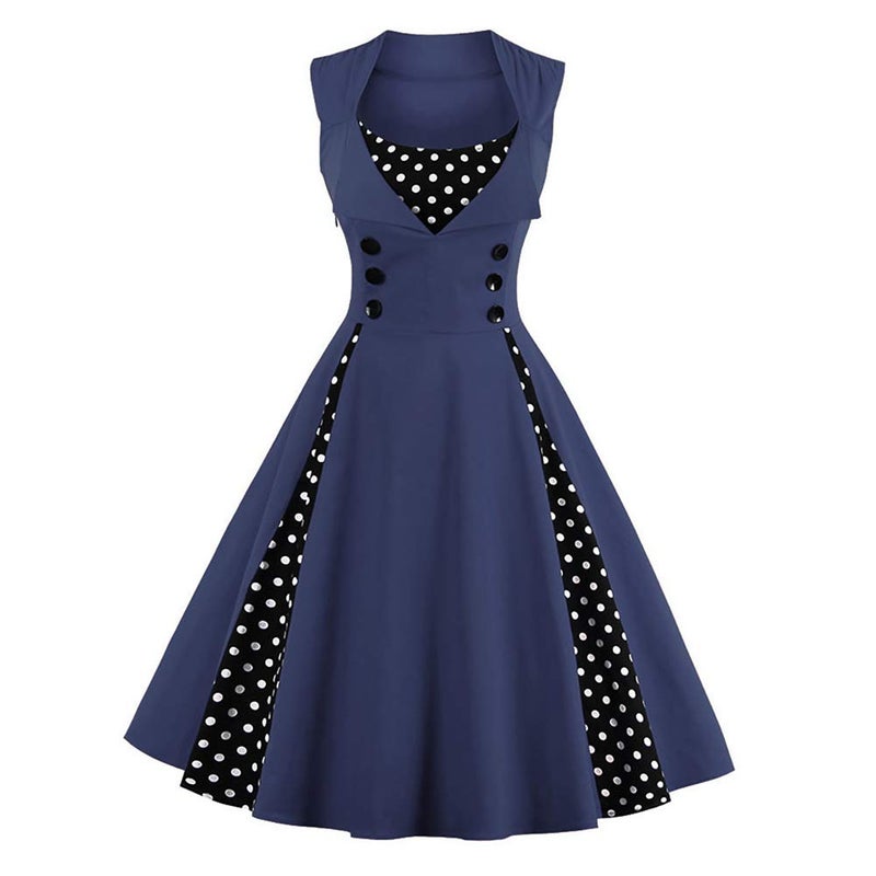 IWEMEK Women Vintage 1950s Polka Dot Retro Cocktail Prom Dresses Double Breasted Notch Lapel 50's 60's Rockabilly V Neck Patchwork Button Audrey Swing Dress Wedding Party Flared Midi Dress 02#Navy Blue 4XL - Image 1
