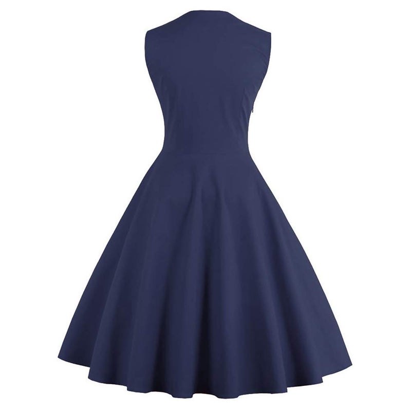 IWEMEK Women Vintage 1950s Polka Dot Retro Cocktail Prom Dresses Double Breasted Notch Lapel 50's 60's Rockabilly V Neck Patchwork Button Audrey Swing Dress Wedding Party Flared Midi Dress 02#Navy Blue 4XL - Image 2
