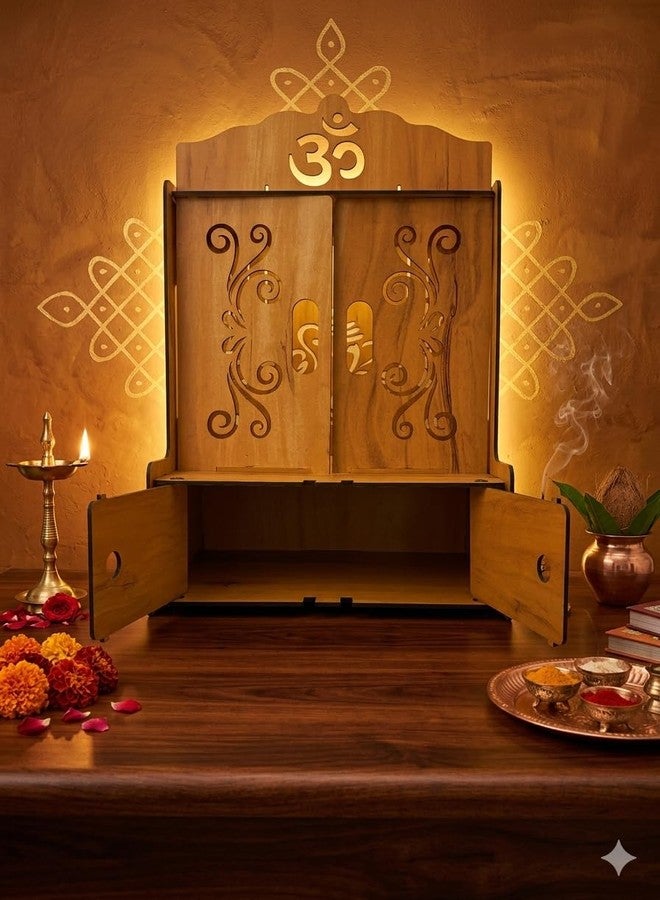 EXPRO Wooden Pooja Mandir for Home with Door | Engineered Wood Home Temple with Storage Space | Wall Mounted Temple for Office & Living Room | DIY Mandap with OM & Ganeshji Design (Brown | Design 1) - Image 1