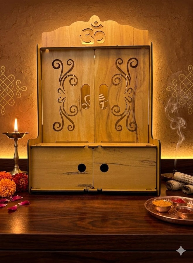 EXPRO Wooden Pooja Mandir for Home with Door | Engineered Wood Home Temple with Storage Space | Wall Mounted Temple for Office & Living Room | DIY Mandap with OM & Ganeshji Design (Brown | Design 1) - Image 2