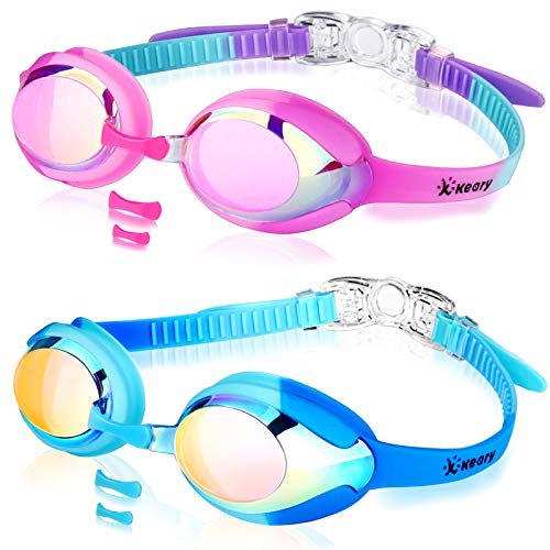 Keary 2 Pack Kids Swim Goggles Swimming Goggles for Toddler Children Girls Boys Youth, Anti-Fog Waterproof Anti-UV Clear Vision Mirror Flat Lens Water Pool Goggles with 3 Nose Pieces, Kids Goggles - Image 1