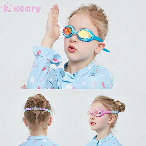 Keary 2 Pack Kids Swim Goggles Swimming Goggles for Toddler Children Girls Boys Youth, Anti-Fog Waterproof Anti-UV Clear Vision Mirror Flat Lens Water Pool Goggles with 3 Nose Pieces, Kids Goggles - Image 5