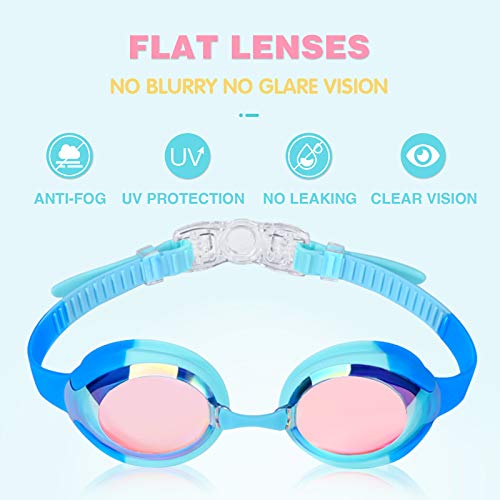 Keary 2 Pack Kids Swim Goggles Swimming Goggles for Toddler Children Girls Boys Youth, Anti-Fog Waterproof Anti-UV Clear Vision Mirror Flat Lens Water Pool Goggles with 3 Nose Pieces, Kids Goggles - Image 2