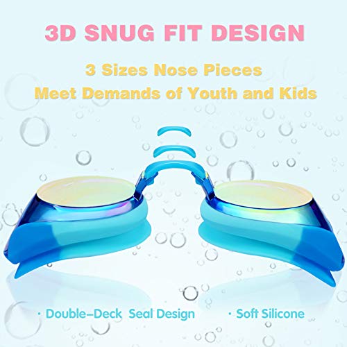 Keary 2 Pack Kids Swim Goggles Swimming Goggles for Toddler Children Girls Boys Youth, Anti-Fog Waterproof Anti-UV Clear Vision Mirror Flat Lens Water Pool Goggles with 3 Nose Pieces, Kids Goggles - Image 3