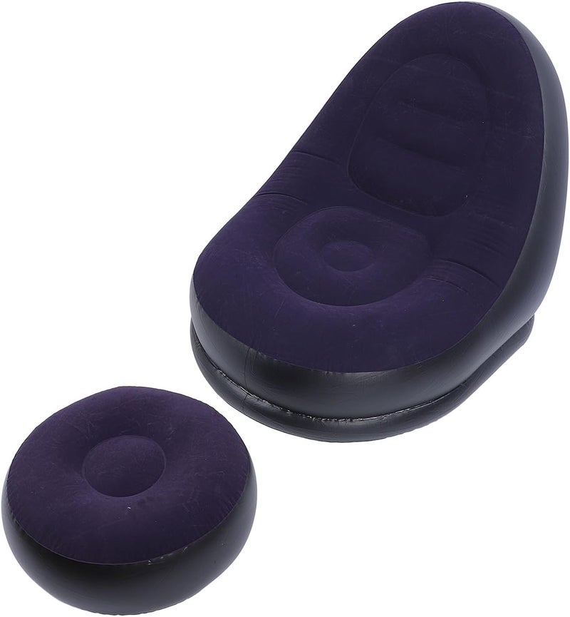 Inflatable Sofa Chair Blow Up Lounger with Footstool for Camping Living Room Outdoor Portable Fast Inflatable Couch Comfortable Flocking PVC Material (Dark Blue) - Image 4